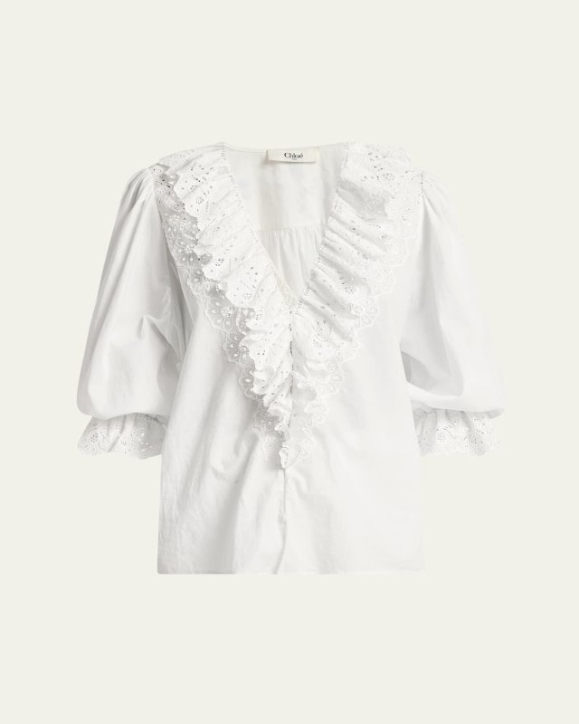 Eyelet-Embroidered Ruffle Cotton Voile Blouse